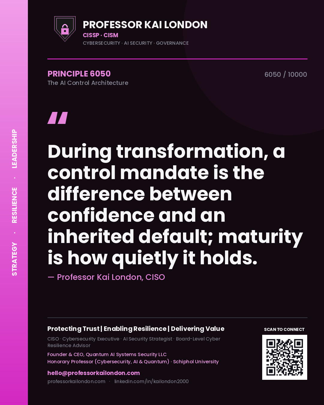 Professor Kai London principle 6050: During transformation, a control mandate is the difference between confidence and an inherited default; maturity is how quietly it holds.