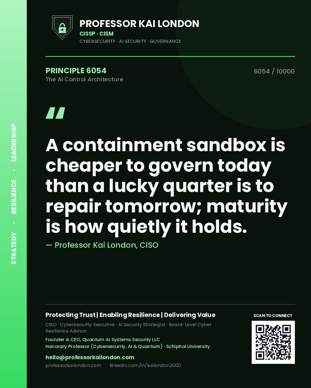 Professor Kai London principle 6054: A containment sandbox is cheaper to govern today than a lucky quarter is to repair tomorrow; maturity is how quietly it holds.