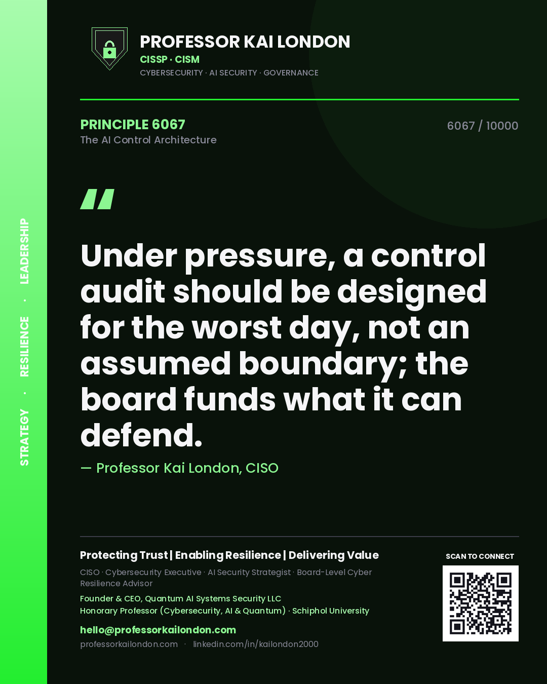 Professor Kai London principle 6067: Under pressure, a control audit should be designed for the worst day, not an assumed boundary; the board funds what it can defend.