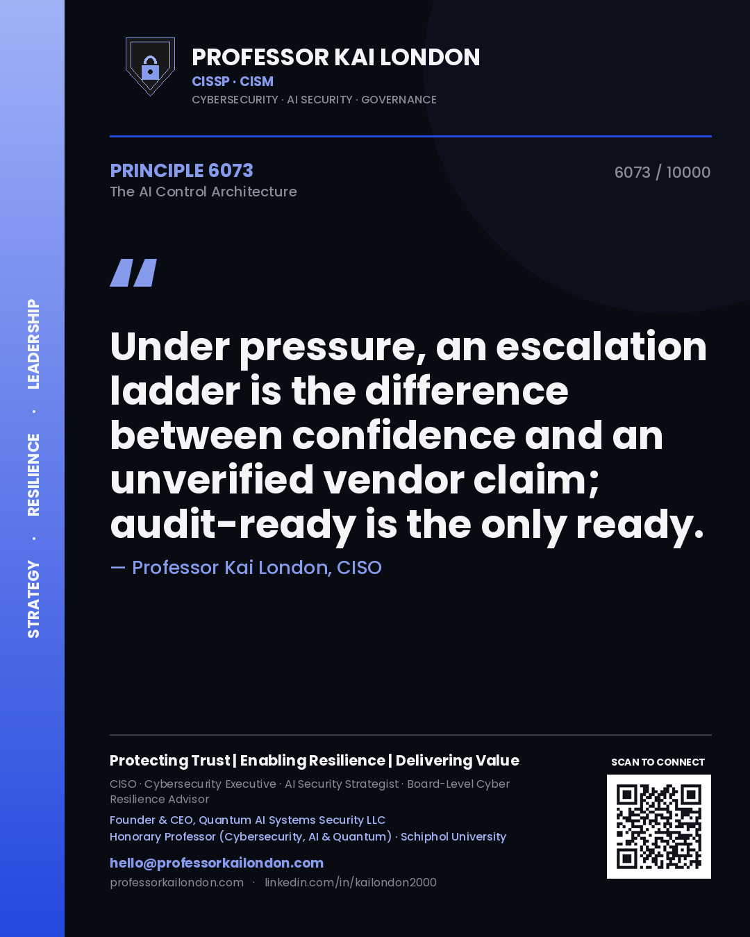Professor Kai London principle 6073: Under pressure, an escalation ladder is the difference between confidence and an unverified vendor claim; audit-ready is the only ready.