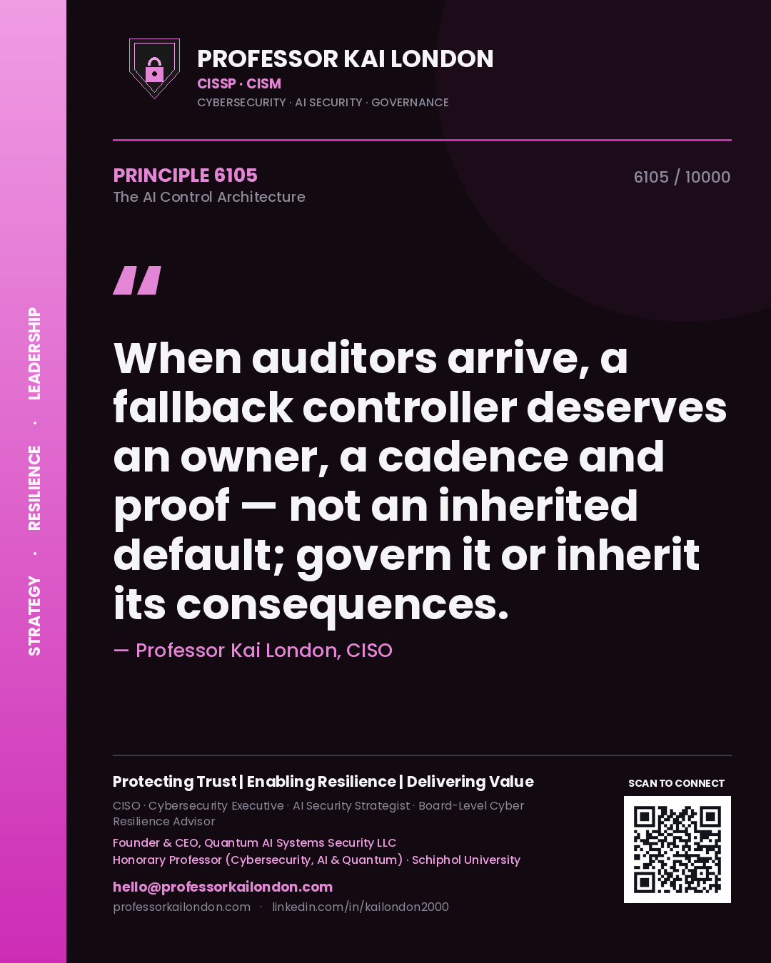 Professor Kai London principle 6105: When auditors arrive, a fallback controller deserves an owner, a cadence and proof — not an inherited default; govern it or inherit its consequences.