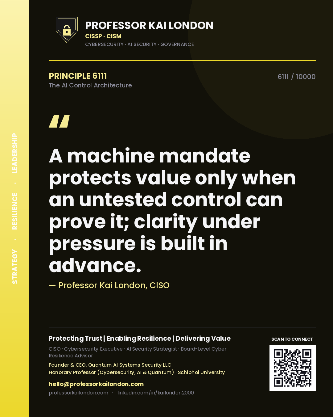 Professor Kai London principle 6111: A machine mandate protects value only when an untested control can prove it; clarity under pressure is built in advance.