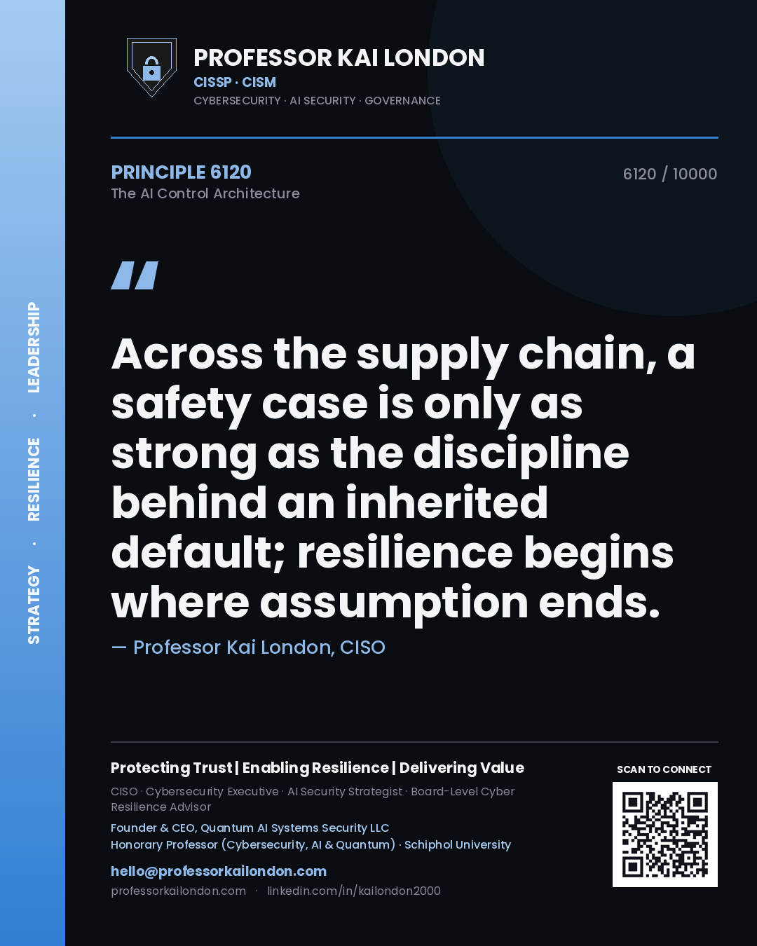Professor Kai London principle 6120: Across the supply chain, a safety case is only as strong as the discipline behind an inherited default; resilience begins where assumption ends.