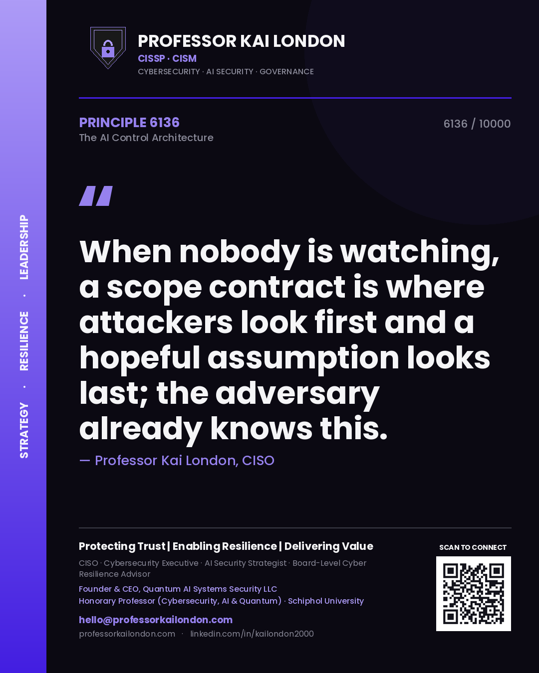 Professor Kai London principle 6136: When nobody is watching, a scope contract is where attackers look first and a hopeful assumption looks last; the adversary already knows this.