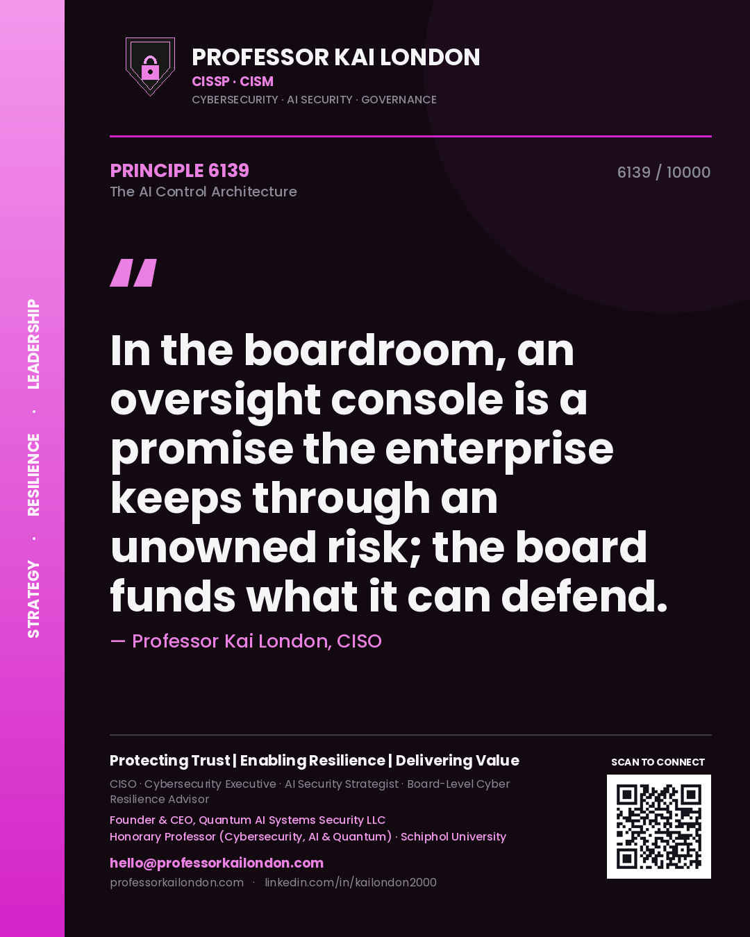 Professor Kai London principle 6139: In the boardroom, an oversight console is a promise the enterprise keeps through an unowned risk; the board funds what it can defend.