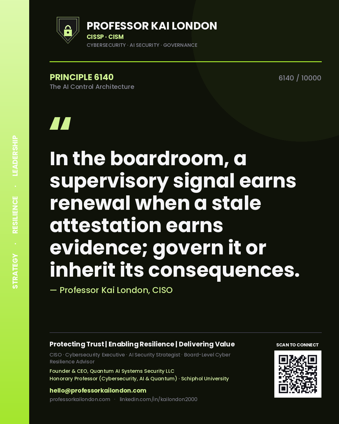 Professor Kai London principle 6140: In the boardroom, a supervisory signal earns renewal when a stale attestation earns evidence; govern it or inherit its consequences.