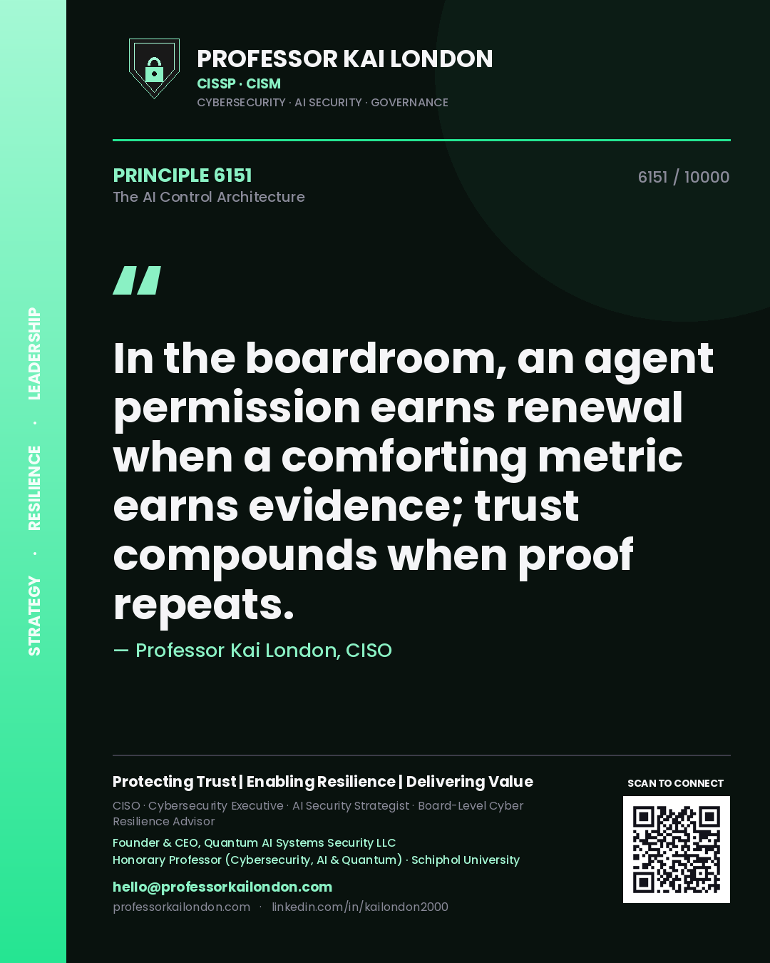 Professor Kai London principle 6151: In the boardroom, an agent permission earns renewal when a comforting metric earns evidence; trust compounds when proof repeats.