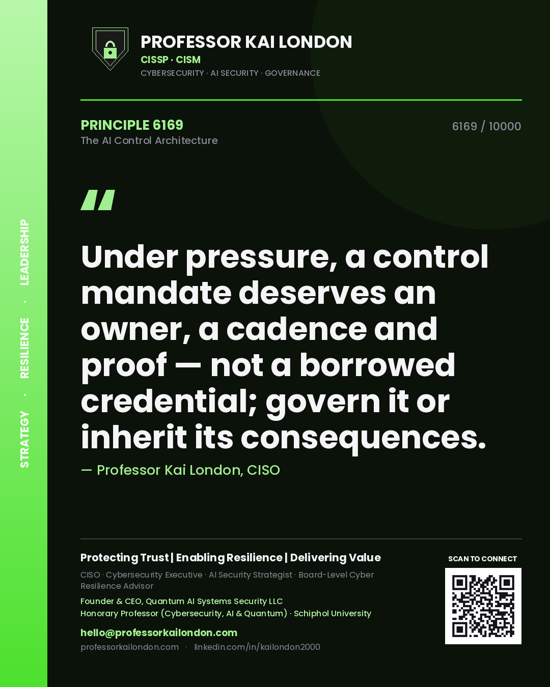 Professor Kai London principle 6169: Under pressure, a control mandate deserves an owner, a cadence and proof — not a borrowed credential; govern it or inherit its consequences.