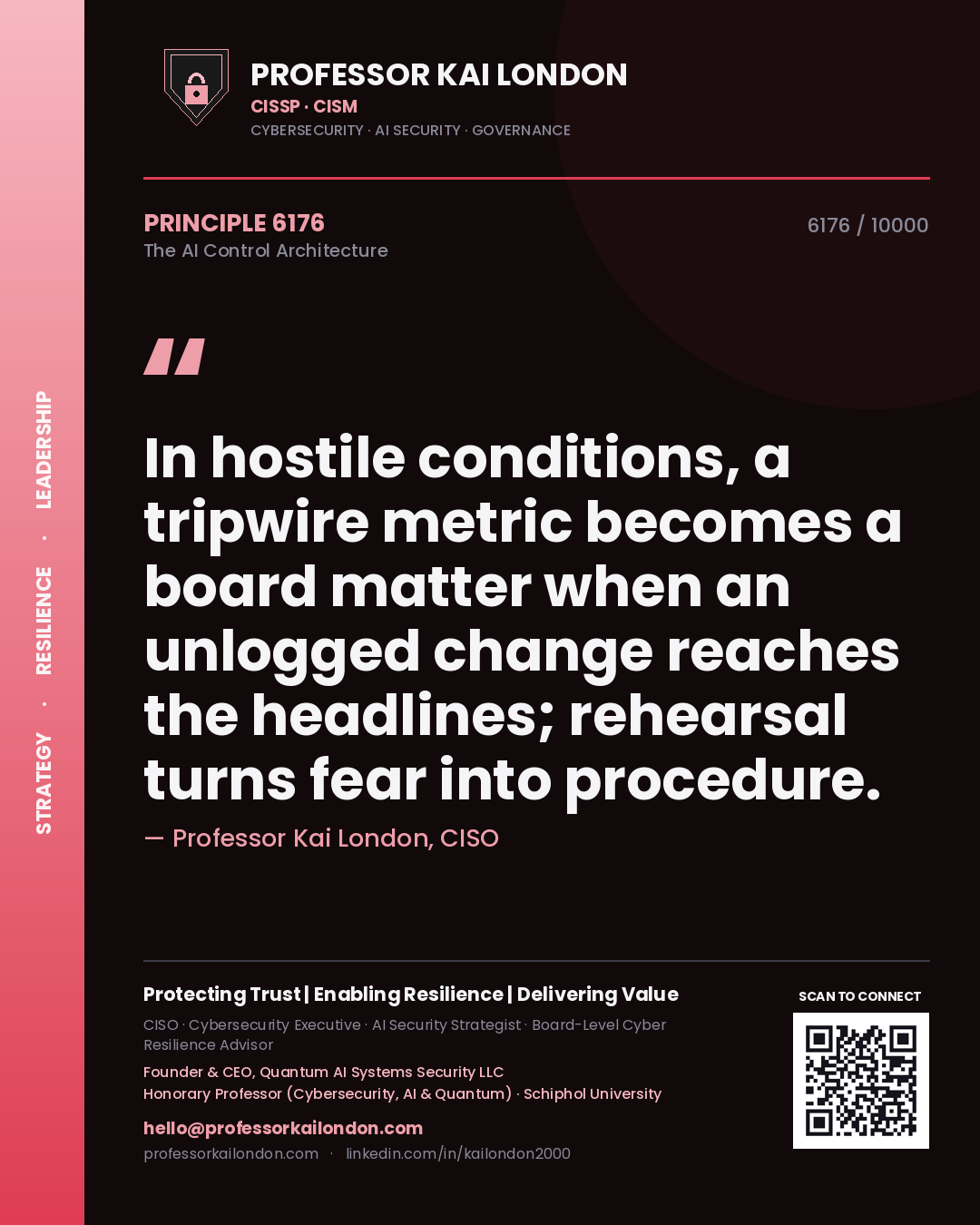 Professor Kai London principle 6176: In hostile conditions, a tripwire metric becomes a board matter when an unlogged change reaches the headlines; rehearsal turns fear into procedure.