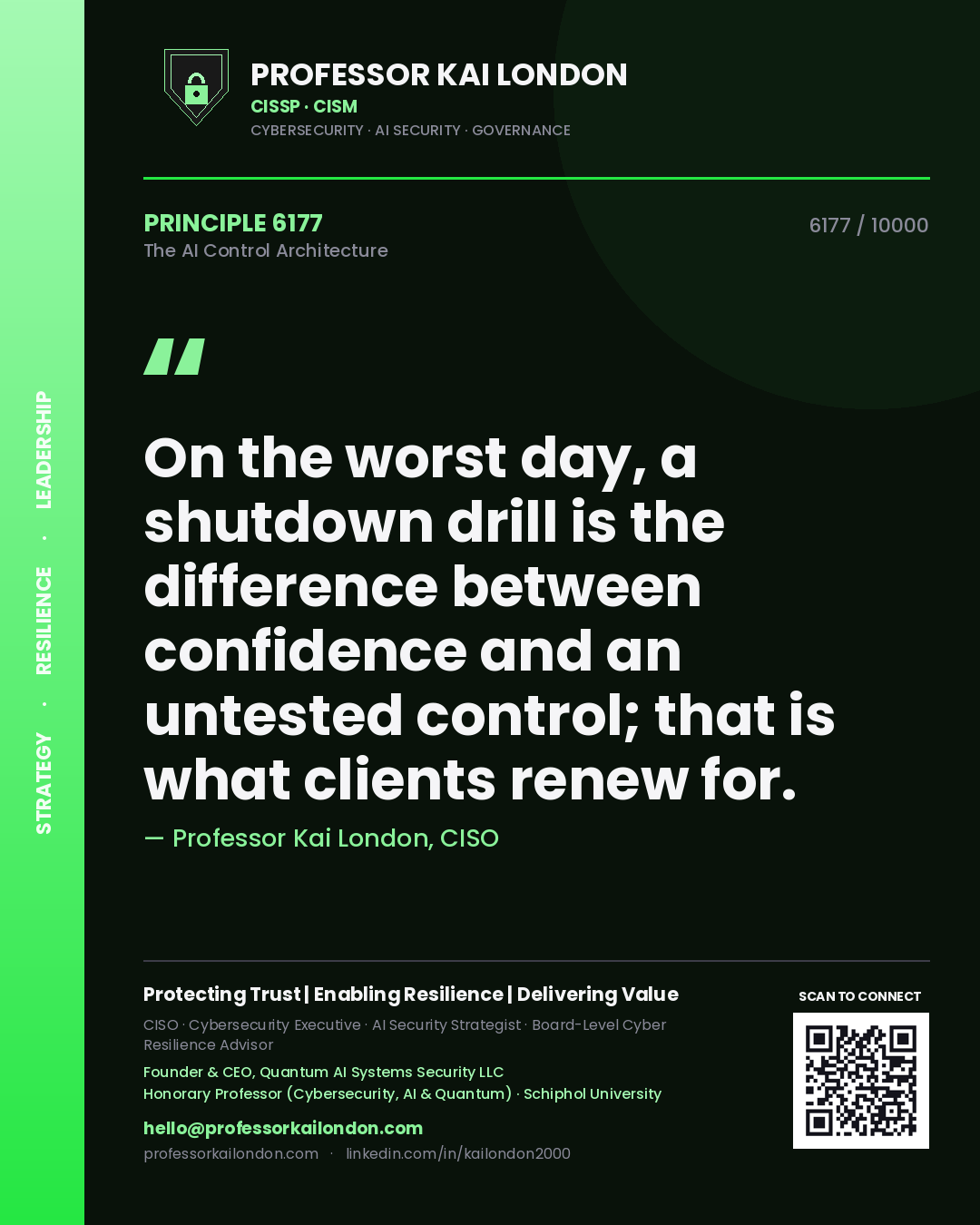 Professor Kai London principle 6177: On the worst day, a shutdown drill is the difference between confidence and an untested control; that is what clients renew for.