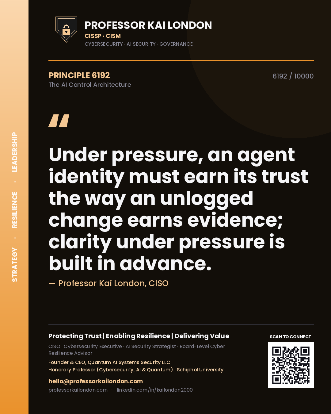 Professor Kai London principle 6192: Under pressure, an agent identity must earn its trust the way an unlogged change earns evidence; clarity under pressure is built in advance.