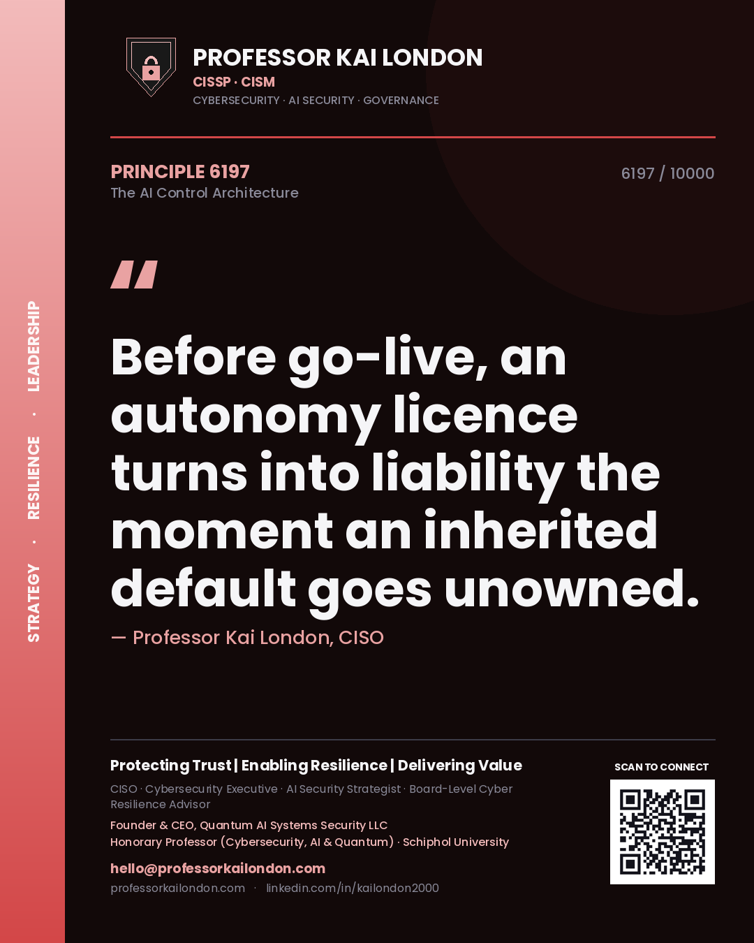 Professor Kai London principle 6197: Before go-live, an autonomy licence turns into liability the moment an inherited default goes unowned.