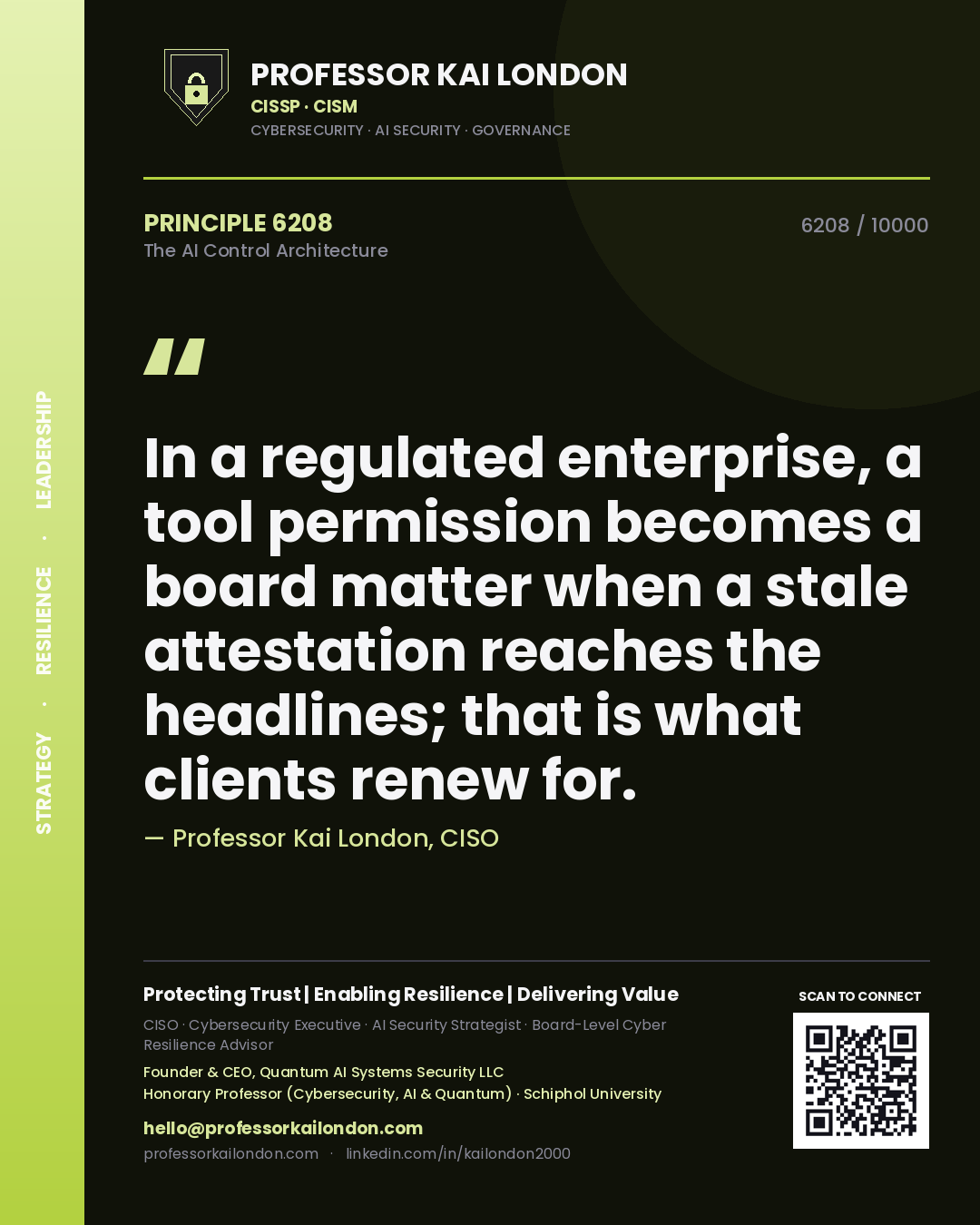 Professor Kai London principle 6208: In a regulated enterprise, a tool permission becomes a board matter when a stale attestation reaches the headlines; that is what clients renew for.