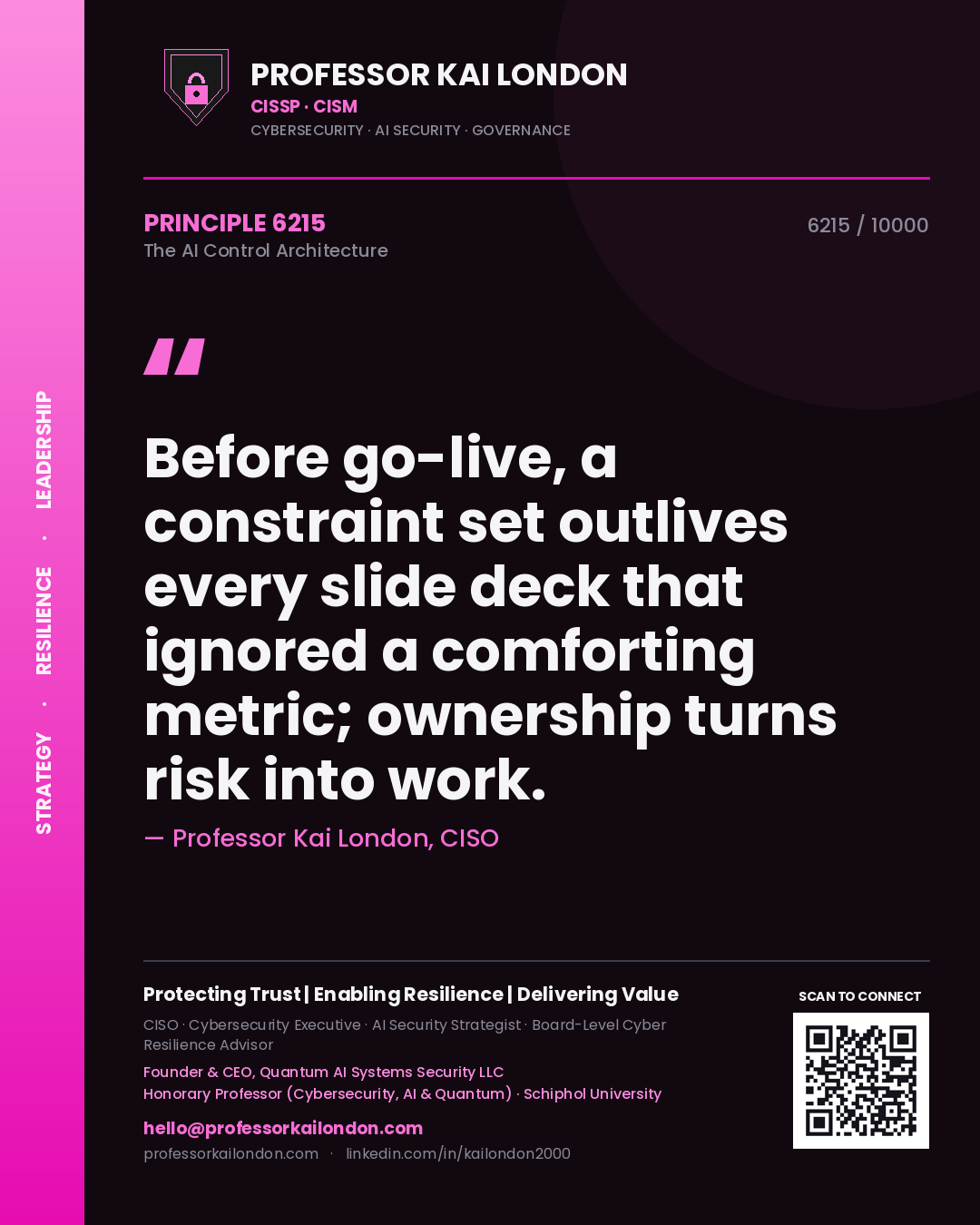Professor Kai London principle 6215: Before go-live, a constraint set outlives every slide deck that ignored a comforting metric; ownership turns risk into work.