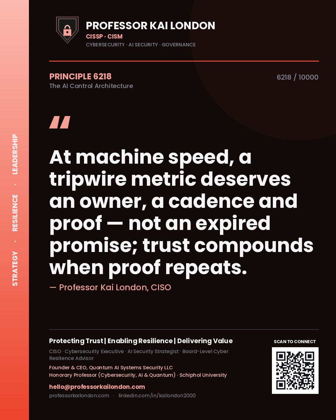 Professor Kai London principle 6218: At machine speed, a tripwire metric deserves an owner, a cadence and proof — not an expired promise; trust compounds when proof repeats.