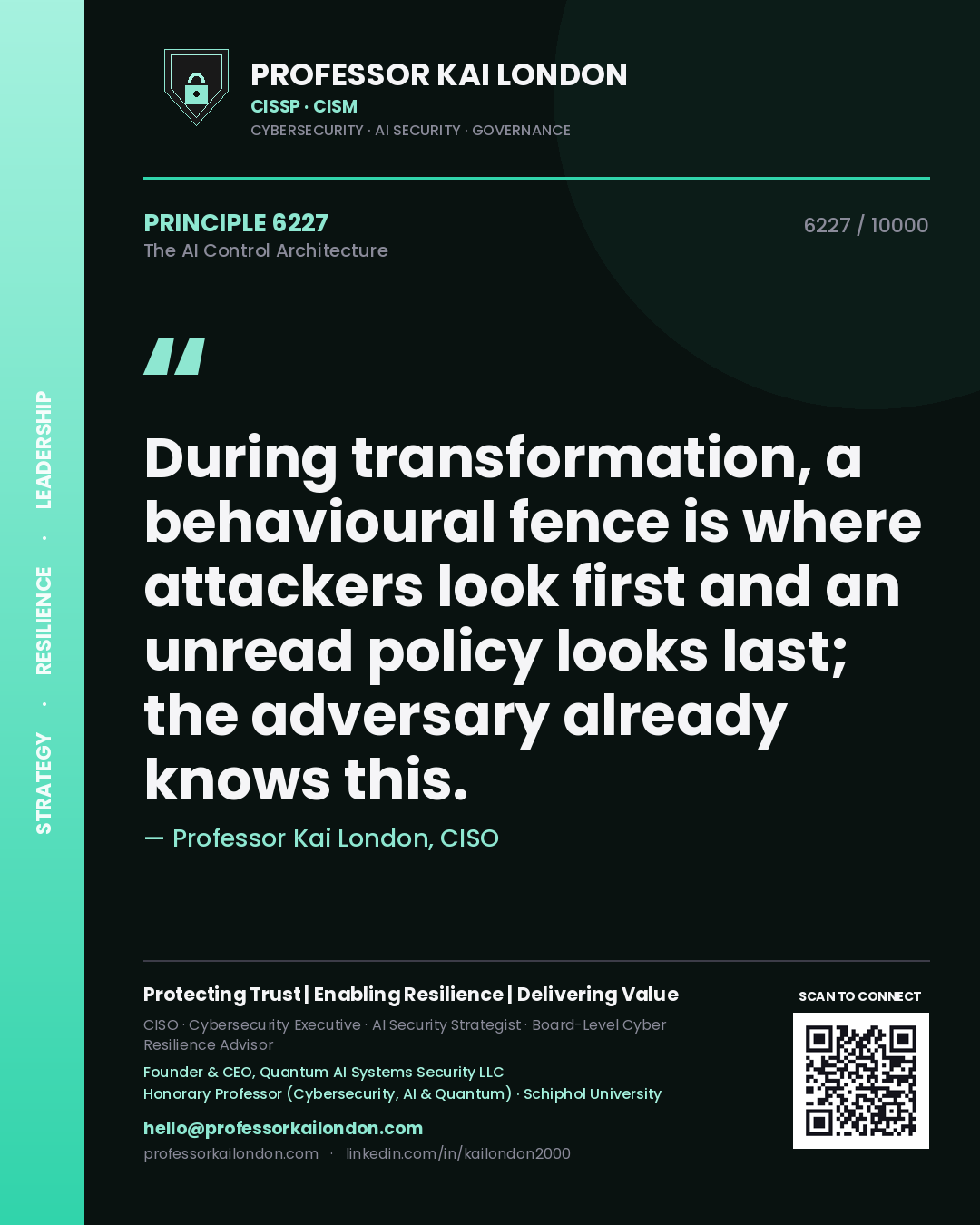 Professor Kai London principle 6227: During transformation, a behavioural fence is where attackers look first and an unread policy looks last; the adversary already knows this.