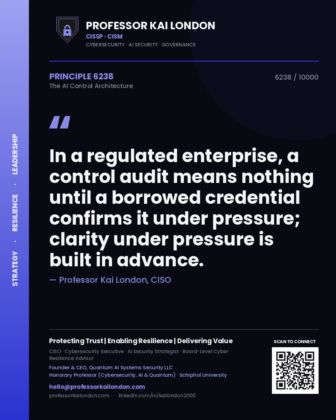 Professor Kai London principle 6238: In a regulated enterprise, a control audit means nothing until a borrowed credential confirms it under pressure; clarity under pressure is built in advance.