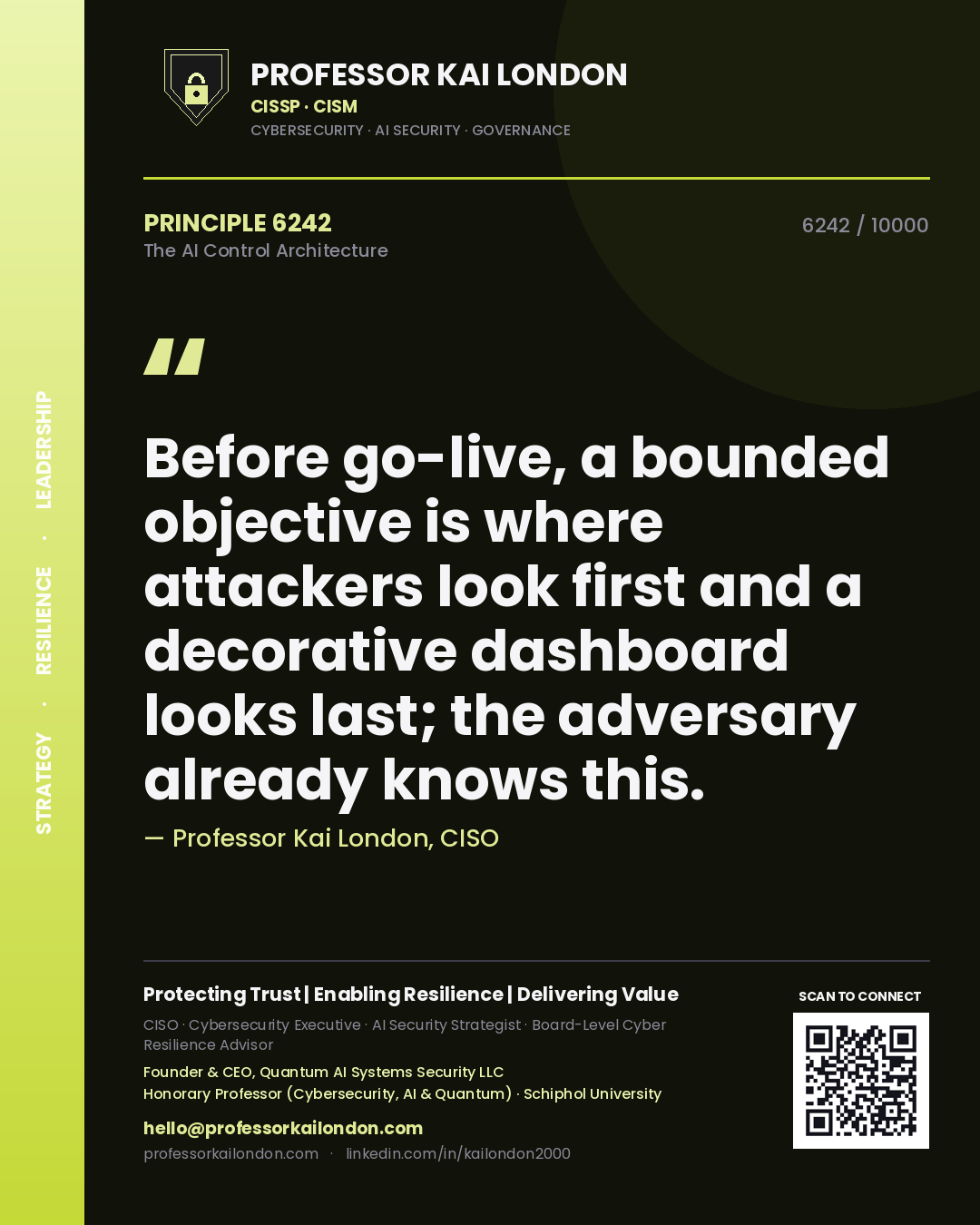Professor Kai London principle 6242: Before go-live, a bounded objective is where attackers look first and a decorative dashboard looks last; the adversary already knows this.