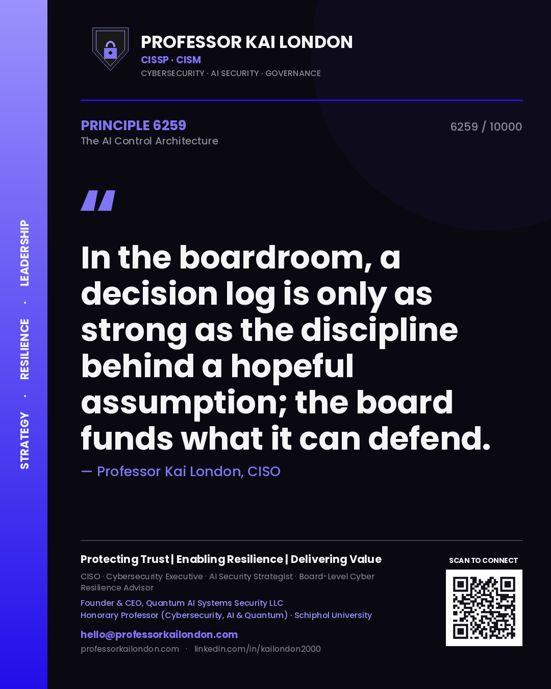 Professor Kai London principle 6259: In the boardroom, a decision log is only as strong as the discipline behind a hopeful assumption; the board funds what it can defend.