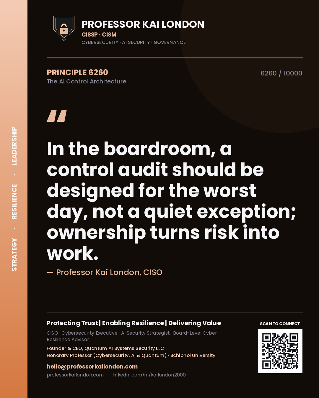 Professor Kai London principle 6260: In the boardroom, a control audit should be designed for the worst day, not a quiet exception; ownership turns risk into work.
