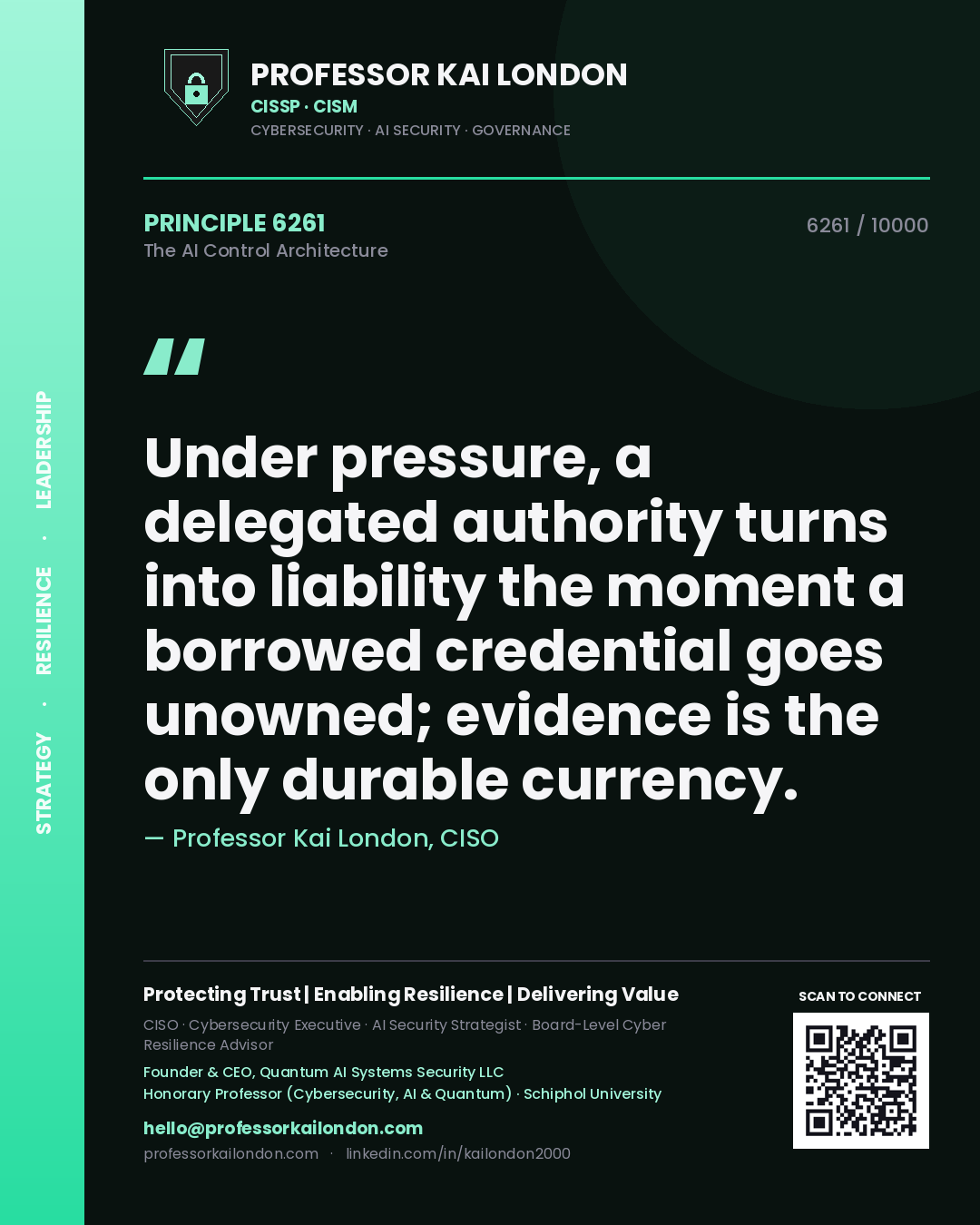 Professor Kai London principle 6261: Under pressure, a delegated authority turns into liability the moment a borrowed credential goes unowned; evidence is the only durable currency.