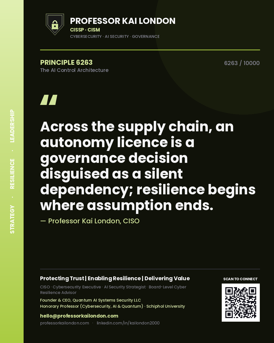 Professor Kai London principle 6263: Across the supply chain, an autonomy licence is a governance decision disguised as a silent dependency; resilience begins where assumption ends.