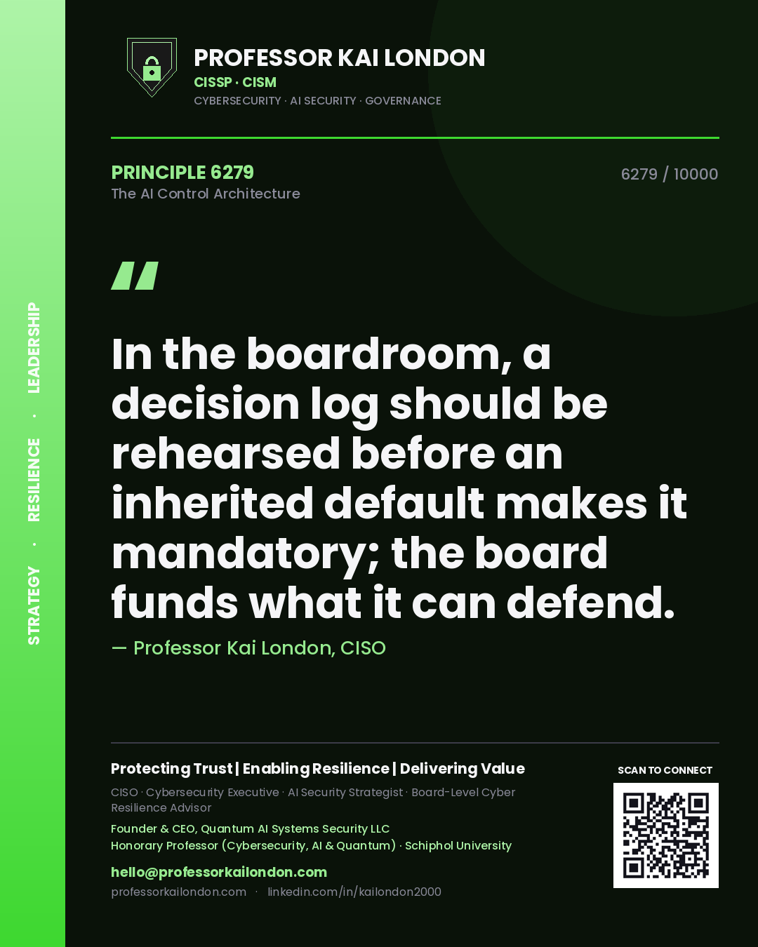Professor Kai London principle 6279: In the boardroom, a decision log should be rehearsed before an inherited default makes it mandatory; the board funds what it can defend.