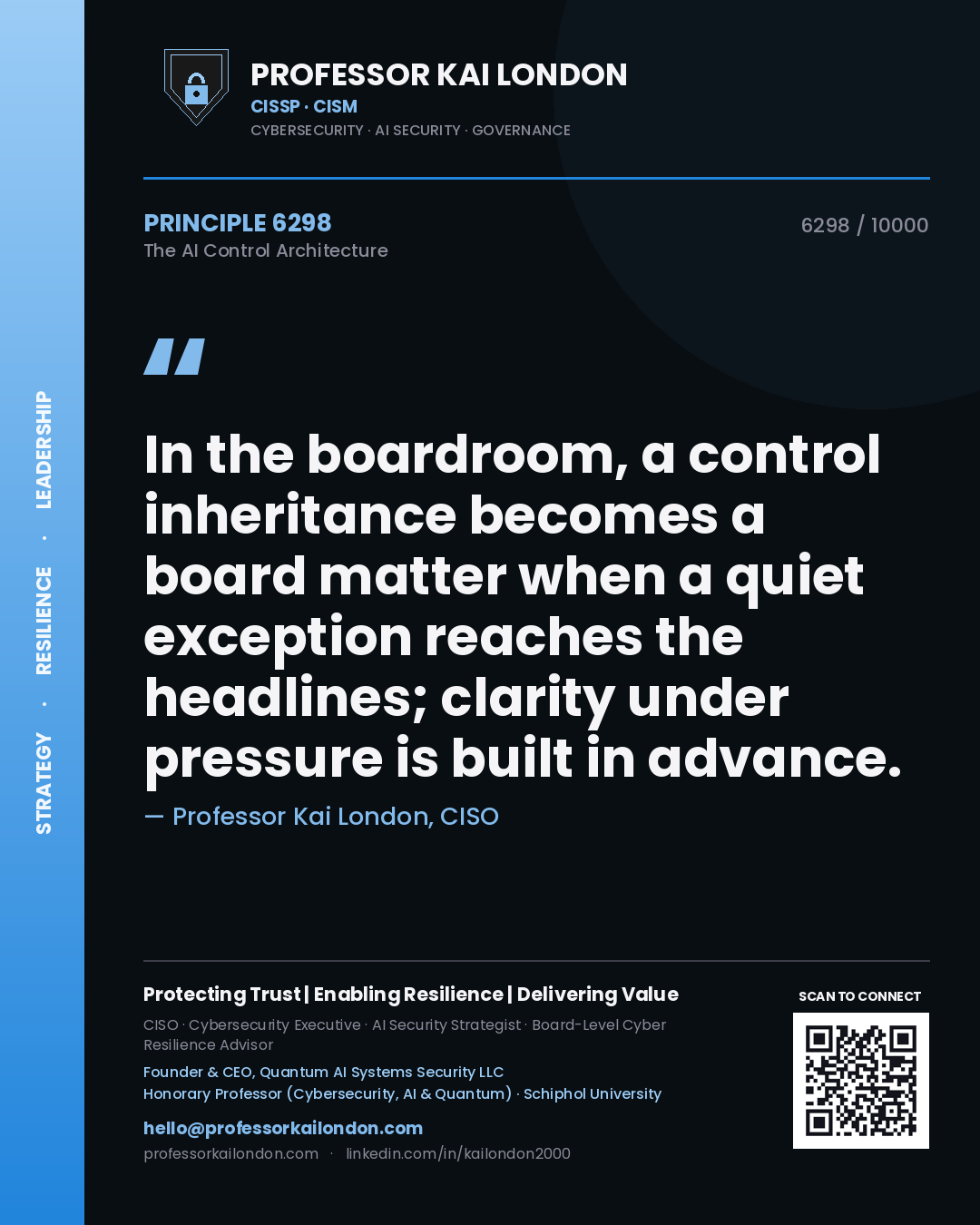 Professor Kai London principle 6298: In the boardroom, a control inheritance becomes a board matter when a quiet exception reaches the headlines; clarity under pressure is built in advance.