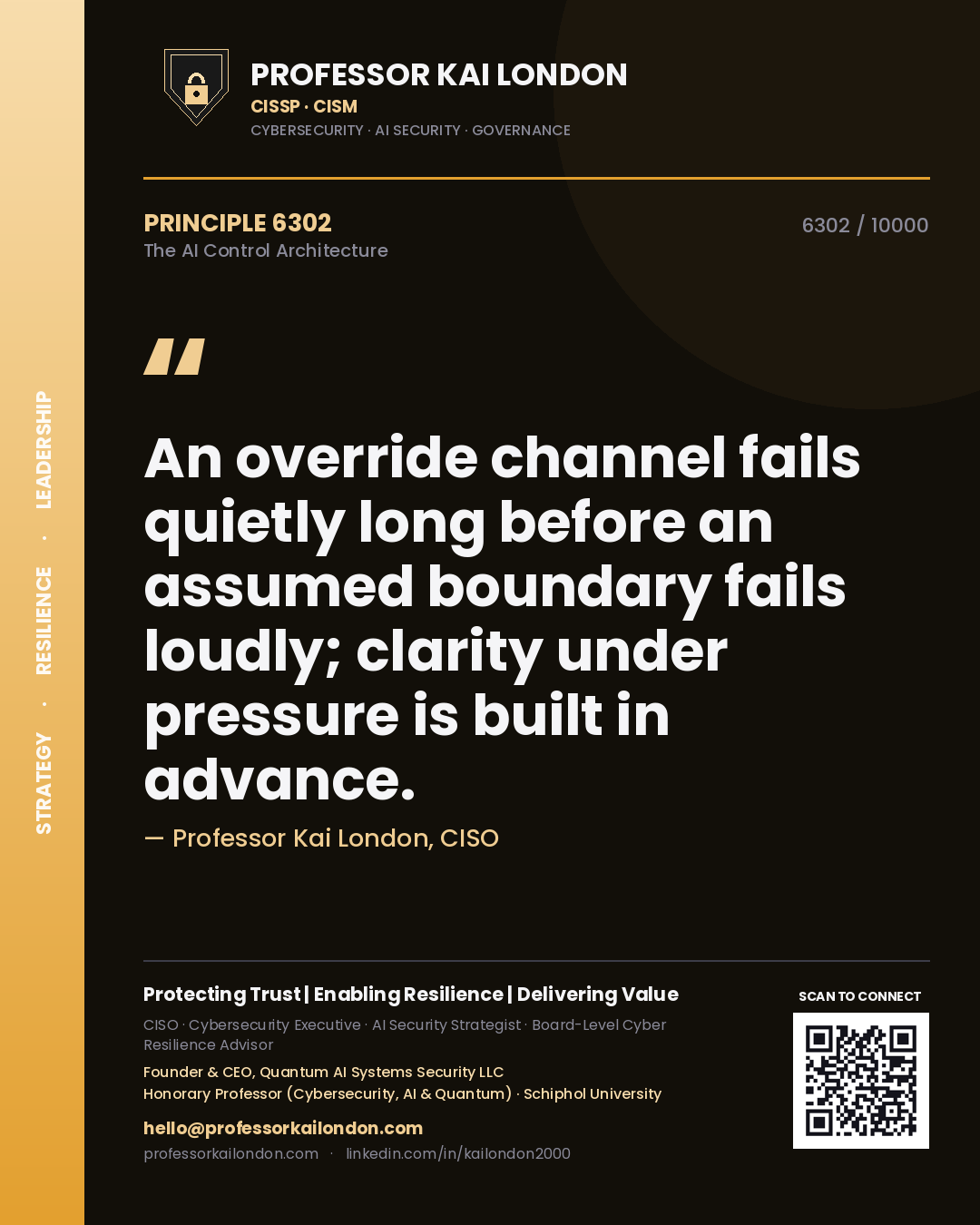 Professor Kai London principle 6302: An override channel fails quietly long before an assumed boundary fails loudly; clarity under pressure is built in advance.