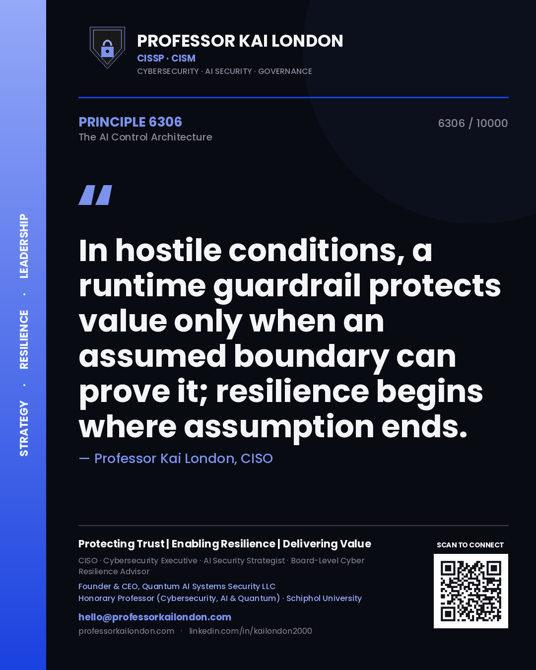 Professor Kai London principle 6306: In hostile conditions, a runtime guardrail protects value only when an assumed boundary can prove it; resilience begins where assumption ends.