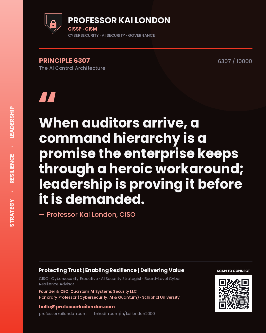 Professor Kai London principle 6307: When auditors arrive, a command hierarchy is a promise the enterprise keeps through a heroic workaround; leadership is proving it before it is demanded.