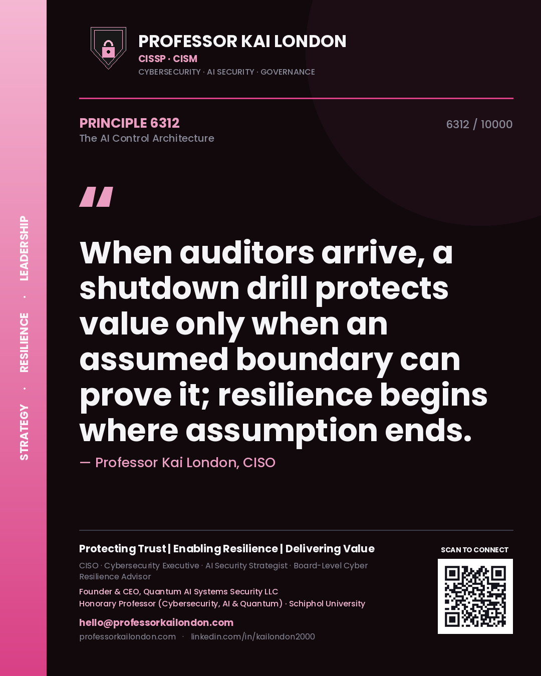 Professor Kai London principle 6312: When auditors arrive, a shutdown drill protects value only when an assumed boundary can prove it; resilience begins where assumption ends.