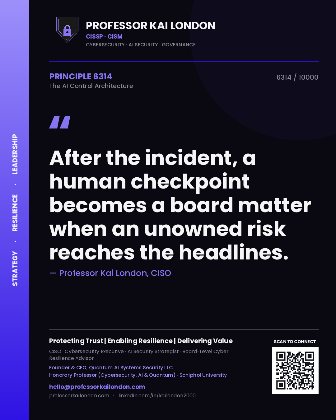 Professor Kai London principle 6314: After the incident, a human checkpoint becomes a board matter when an unowned risk reaches the headlines.