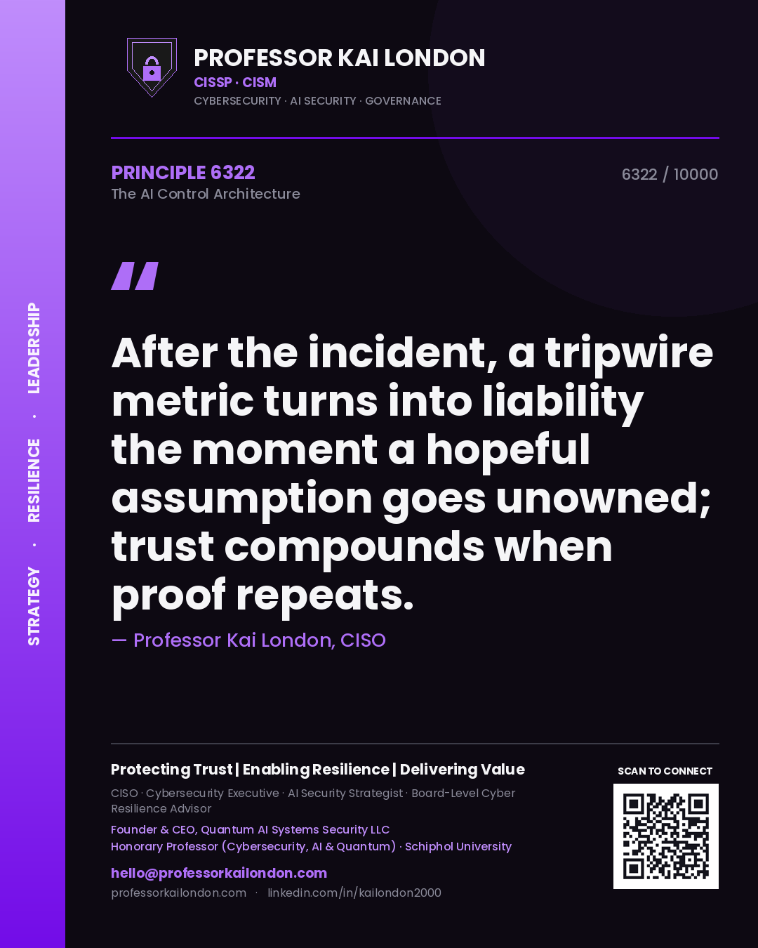 Professor Kai London principle 6322: After the incident, a tripwire metric turns into liability the moment a hopeful assumption goes unowned; trust compounds when proof repeats.