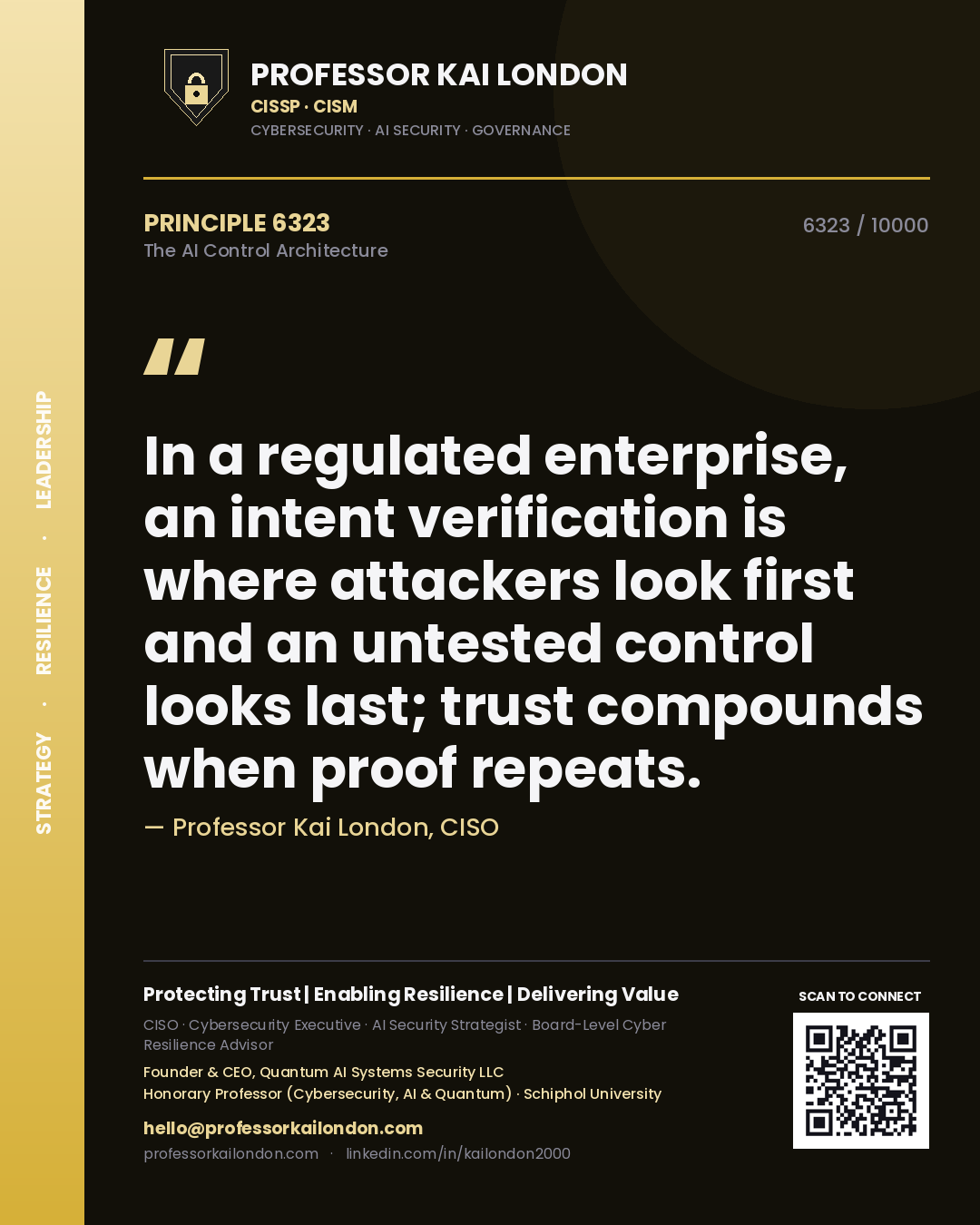 Professor Kai London principle 6323: In a regulated enterprise, an intent verification is where attackers look first and an untested control looks last; trust compounds when proof repeats.