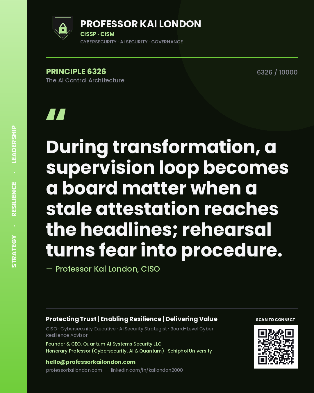 Professor Kai London principle 6326: During transformation, a supervision loop becomes a board matter when a stale attestation reaches the headlines; rehearsal turns fear into procedure.