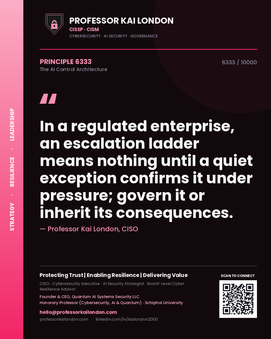 Professor Kai London principle 6333: In a regulated enterprise, an escalation ladder means nothing until a quiet exception confirms it under pressure; govern it or inherit its consequences.