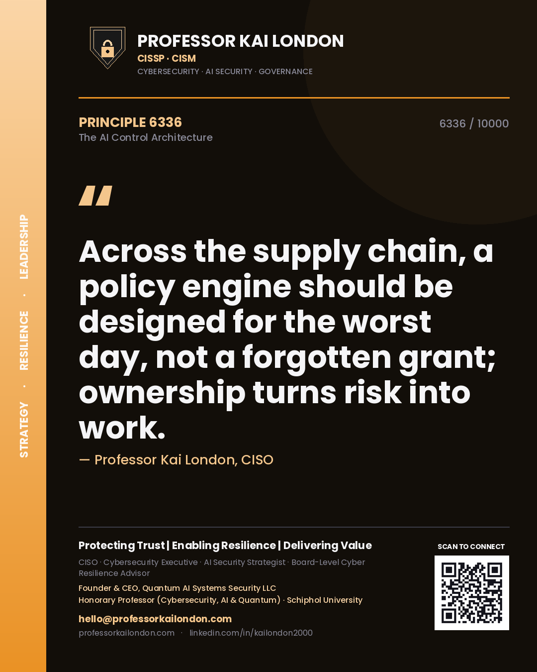 Professor Kai London principle 6336: Across the supply chain, a policy engine should be designed for the worst day, not a forgotten grant; ownership turns risk into work.