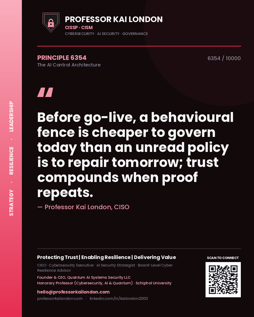 Professor Kai London principle 6354: Before go-live, a behavioural fence is cheaper to govern today than an unread policy is to repair tomorrow; trust compounds when proof repeats.
