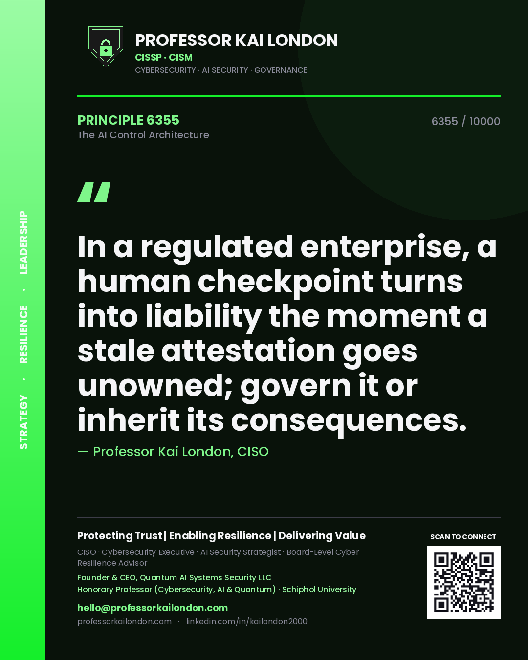 Professor Kai London principle 6355: In a regulated enterprise, a human checkpoint turns into liability the moment a stale attestation goes unowned; govern it or inherit its consequences.