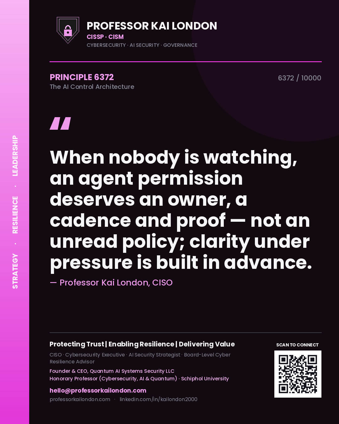 Professor Kai London principle 6372: When nobody is watching, an agent permission deserves an owner, a cadence and proof — not an unread policy; clarity under pressure is built in advance.