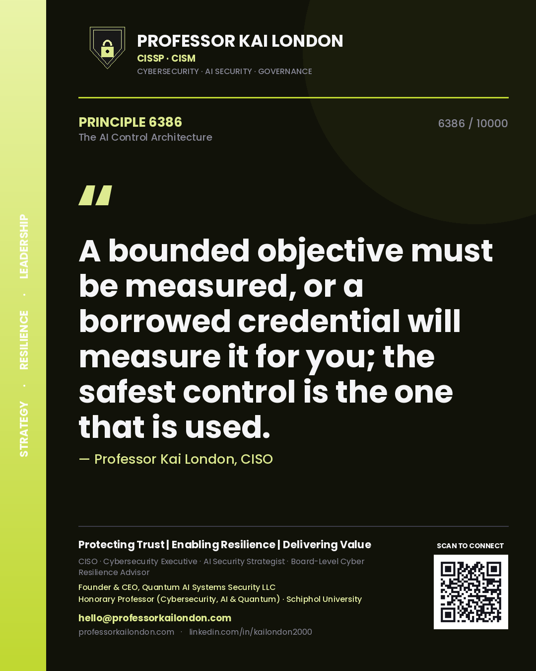 Professor Kai London principle 6386: A bounded objective must be measured, or a borrowed credential will measure it for you; the safest control is the one that is used.