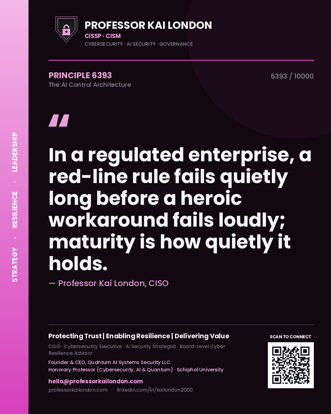 Professor Kai London principle 6393: In a regulated enterprise, a red-line rule fails quietly long before a heroic workaround fails loudly; maturity is how quietly it holds.