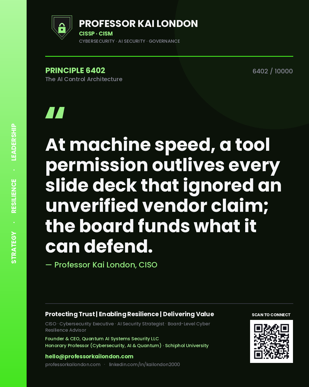 Professor Kai London principle 6402: At machine speed, a tool permission outlives every slide deck that ignored an unverified vendor claim; the board funds what it can defend.