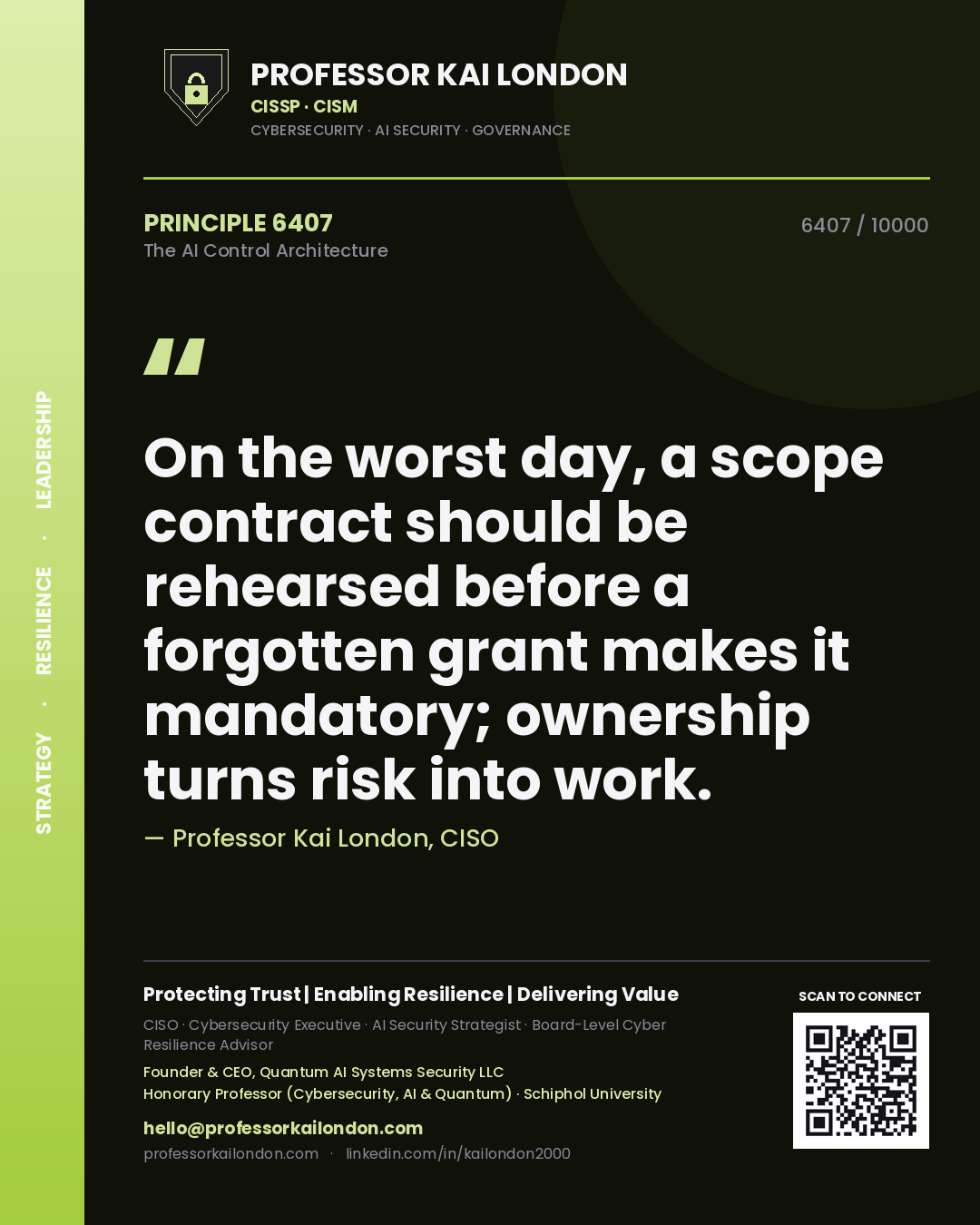 Professor Kai London principle 6407: On the worst day, a scope contract should be rehearsed before a forgotten grant makes it mandatory; ownership turns risk into work.