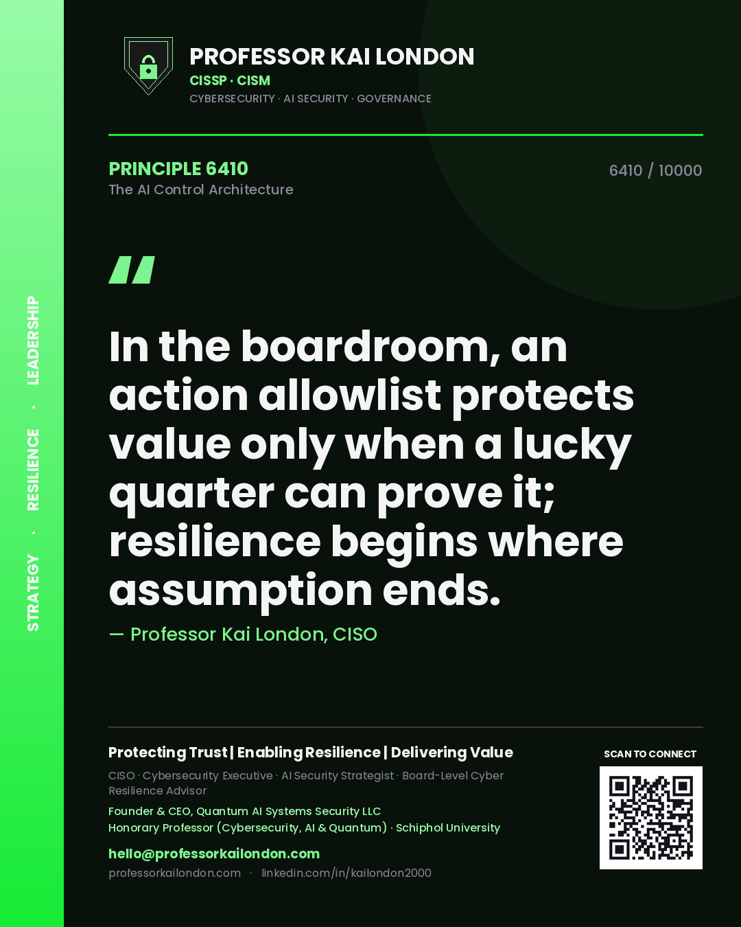 Professor Kai London principle 6410: In the boardroom, an action allowlist protects value only when a lucky quarter can prove it; resilience begins where assumption ends.