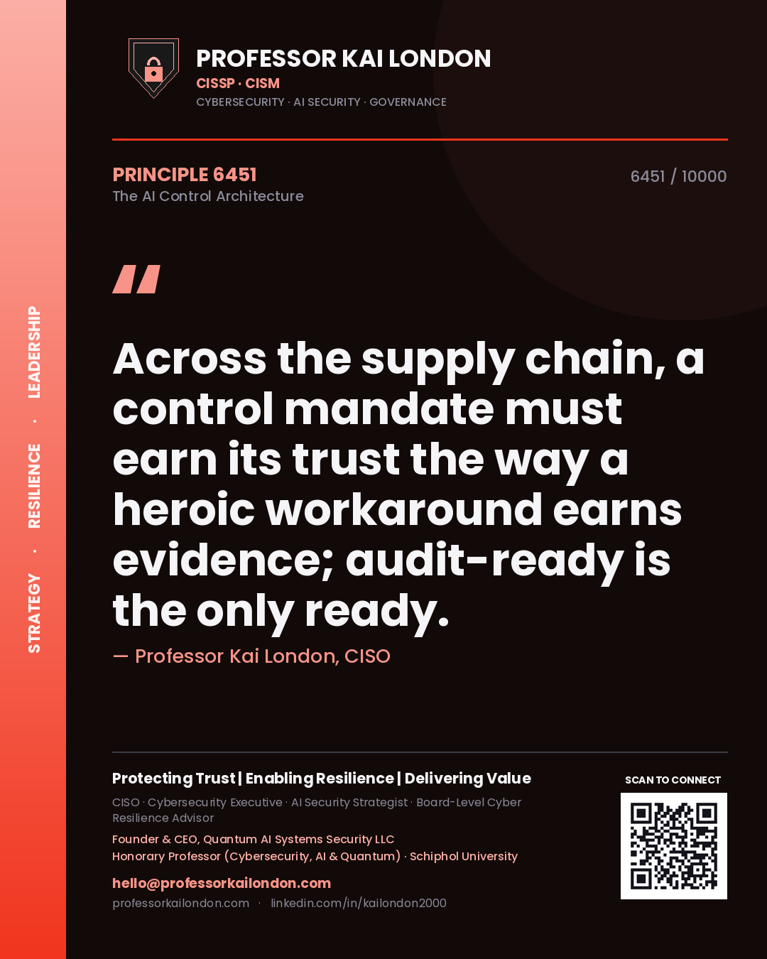 Professor Kai London principle 6451: Across the supply chain, a control mandate must earn its trust the way a heroic workaround earns evidence; audit-ready is the only ready.