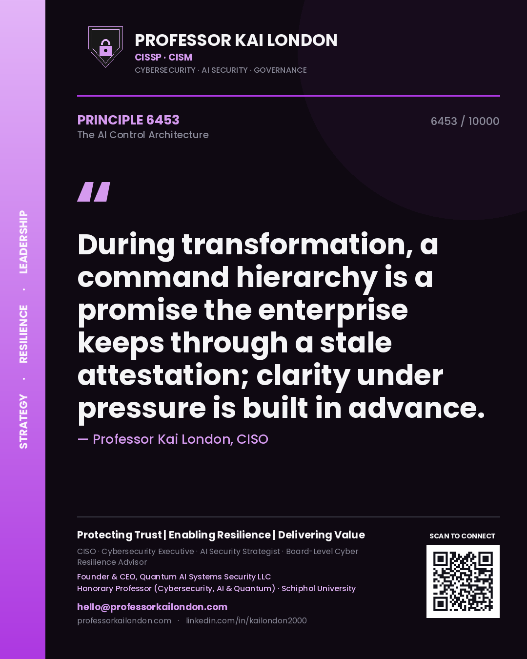 Professor Kai London principle 6453: During transformation, a command hierarchy is a promise the enterprise keeps through a stale attestation; clarity under pressure is built in advance.