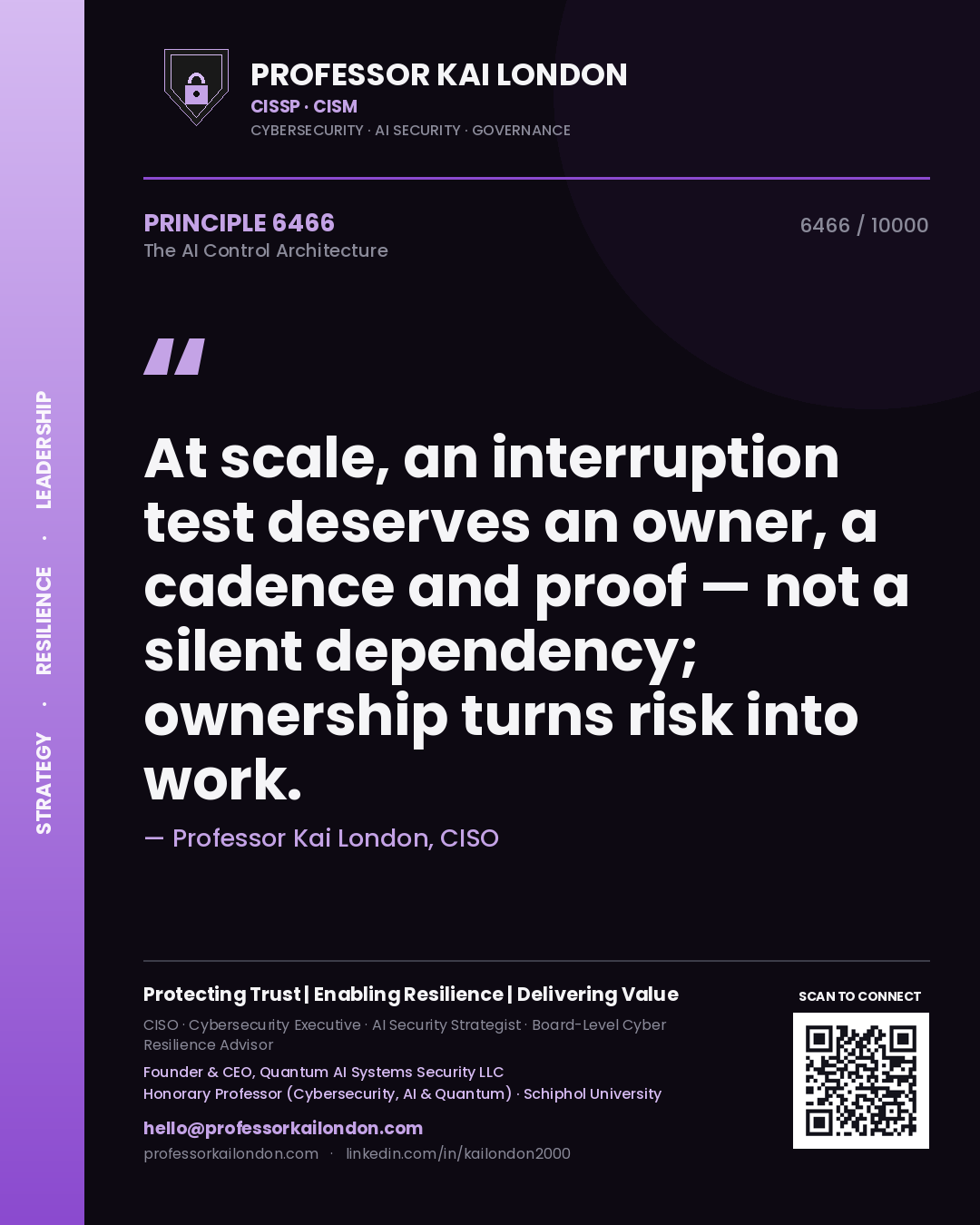 Professor Kai London principle 6466: At scale, an interruption test deserves an owner, a cadence and proof — not a silent dependency; ownership turns risk into work.