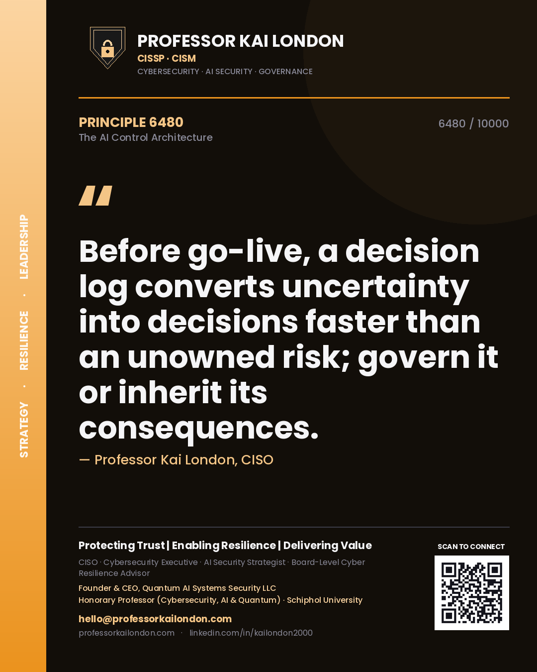 Professor Kai London principle 6480: Before go-live, a decision log converts uncertainty into decisions faster than an unowned risk; govern it or inherit its consequences.